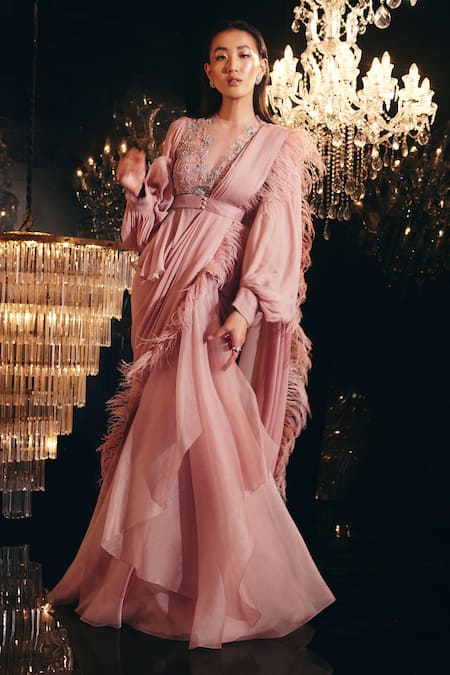 Buy_Ridhi Mehra_Pink Blouse Net And & Saree & Organza Casey Pre-draped With _Online_at_Aza_Fashions