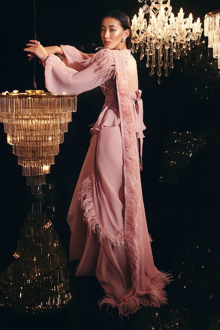 Shop_Ridhi Mehra_Pink Blouse Net And & Saree & Organza Casey Pre-draped With _Online_at_Aza_Fashions