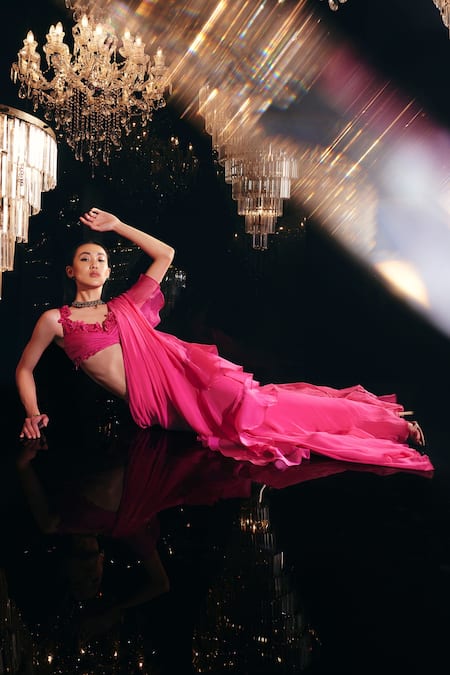 Ridhi Mehra_Fuchsia Blouse Net And & Saree Chiffon & Naenia Pre-draped With _Online_at_Aza_Fashions