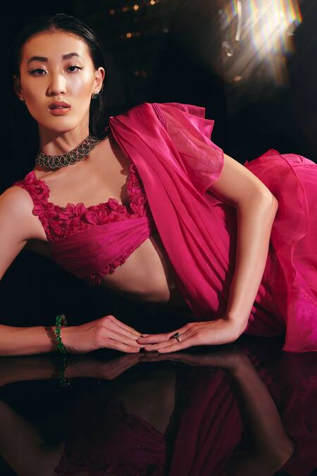 Buy_Ridhi Mehra_Fuchsia Blouse Net And & Saree Chiffon & Naenia Pre-draped With _Online_at_Aza_Fashions