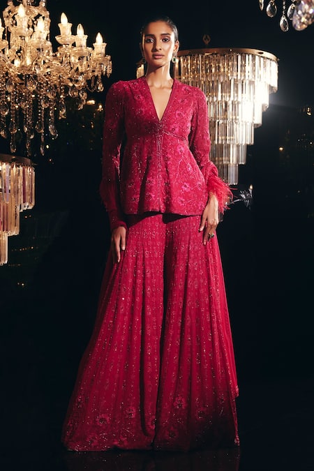 Ridhi Mehra Fuchsia Kurta And Sharara Georgette & Jazlyn Embroidered Peplum Tunic Set 