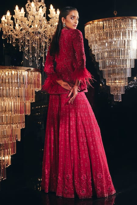 Shop_Ridhi Mehra_Fuchsia Kurta And Sharara Georgette & Jazlyn Embroidered Peplum Tunic Set _at_Aza_Fashions