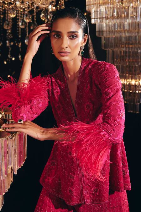 Ridhi Mehra_Fuchsia Kurta And Sharara Georgette & Jazlyn Embroidered Peplum Tunic Set _Online_at_Aza_Fashions