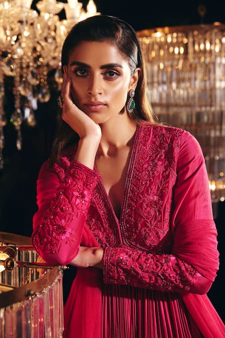 Shop Ridhi Mehra Fuchsia Anarkali Fine Silk And Dupatta Net Thread & Bugle Beads V Wynne With at Aza Fashions Shop_Ridhi Mehra_Fuchsia Anarkali Fine Silk And Dupatta Net Thread & Bugle Beads V Wynne With _at_Aza_Fashions