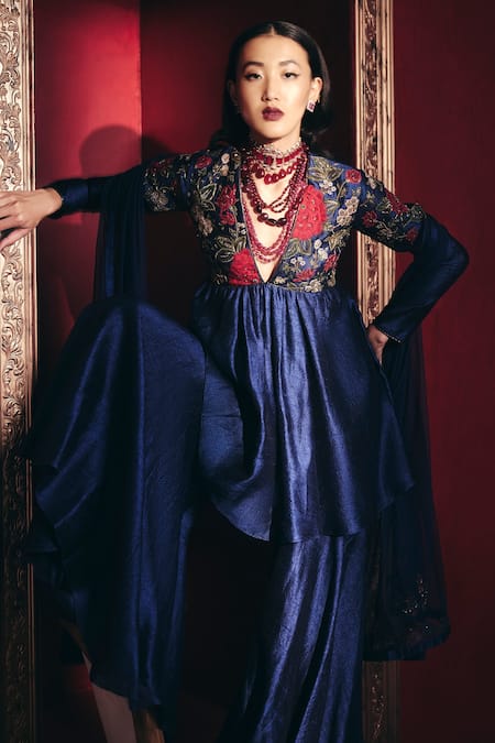 Shop_Ridhi Mehra_Blue Short Anarkali And Gharara Raw Silk & Dupatta Net Sequin & Lien Set _at_Aza_Fashions