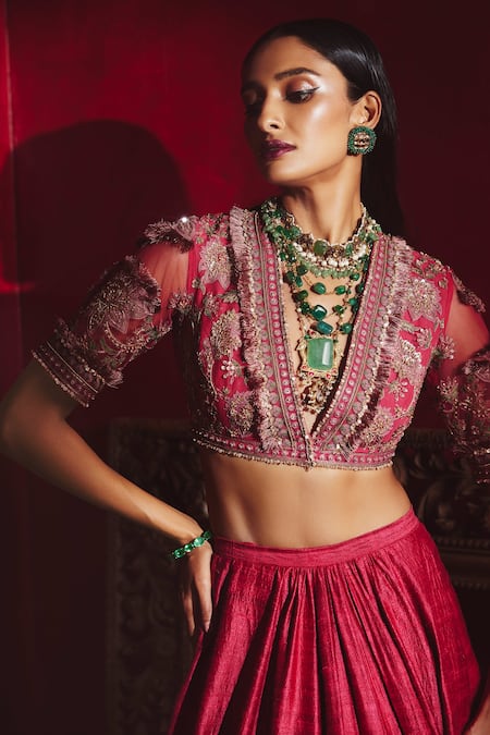 Buy_Ridhi Mehra_Red Blouse Net, Lehenga Raw Silk And Dupatta Reanna Embroidered Bridal Set _Online_at_Aza_Fashions