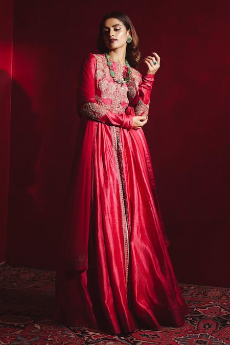 Ridhi Mehra Red Anarkali Raw Silk And Dupatta Net Sequin & Cutdana, Thread Round Bluma With 