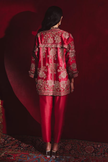 Shop Ridhi Mehra Red Raw And Fine Sequin & Cutdana, Ozella Embroidered Jacket & Pant Set at Aza Fashions Shop_Ridhi Mehra_Red Raw And Fine Sequin & Cutdana, Ozella Embroidered Jacket & Pant Set _at_Aza_Fashions