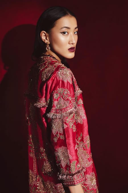 Ridhi Mehra Red Raw And Fine Sequin & Cutdana, Ozella Embroidered Jacket & Pant Set Online at Aza Fashions Ridhi Mehra_Red Raw And Fine Sequin & Cutdana, Ozella Embroidered Jacket & Pant Set _Online_at_Aza_Fashions