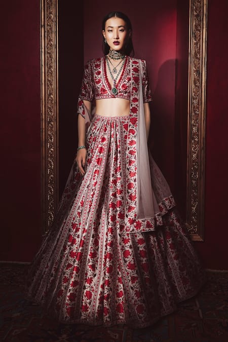 Ridhi Mehra Beige Raw Silk And Net Beads & Sequin, Floral Print Charmaine Bridal Lehenga Set Online at Aza Fashions Ridhi Mehra_Beige Raw Silk And Net Beads & Sequin, Floral Print Charmaine Bridal Lehenga Set _Online_at_Aza_Fashions