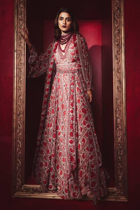 Ridhi Mehra Red Chiffon Print And Embroidery Floral Firenze Cape & Jumpsuit Set Online at Aza Fashions Ridhi Mehra_Red Chiffon Print And Embroidery Floral Firenze Cape & Jumpsuit Set _Online_at_Aza_Fashions