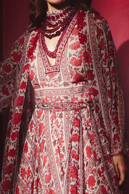 Buy Ridhi Mehra Red Chiffon Print And Embroidery Floral Firenze Cape & Jumpsuit Set Online at Aza Fashions Buy_Ridhi Mehra_Red Chiffon Print And Embroidery Floral Firenze Cape & Jumpsuit Set _Online_at_Aza_Fashions