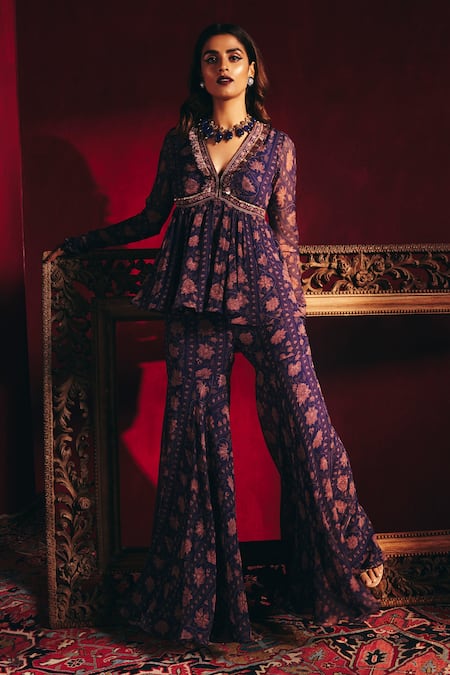 Ridhi Mehra Blue Chiffon And Net Floral Print, Thread & Fringe Dilke Peplum Tunic Sharara Set 