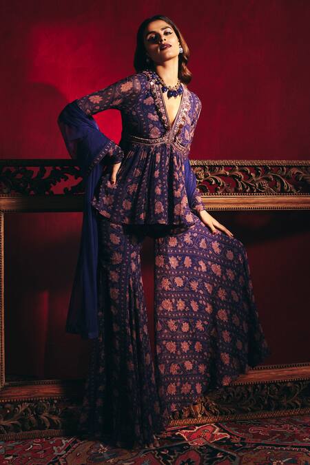 Ridhi Mehra_Blue Chiffon And Net Floral Print, Thread & Fringe Dilke Peplum Tunic Sharara Set _Online_at_Aza_Fashions