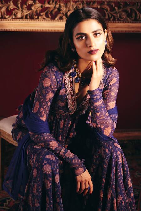 Buy_Ridhi Mehra_Blue Chiffon And Net Floral Print, Thread & Fringe Dilke Peplum Tunic Sharara Set _Online_at_Aza_Fashions