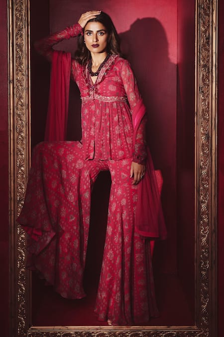 Ridhi Mehra Fuchsia Chiffon And Net Floral Print, Thread & Jorunn Peplum Tunic Sharara Set 