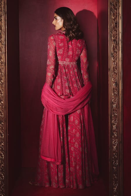 Shop_Ridhi Mehra_Fuchsia Chiffon And Net Floral Print, Thread & Jorunn Peplum Tunic Sharara Set _at_Aza_Fashions