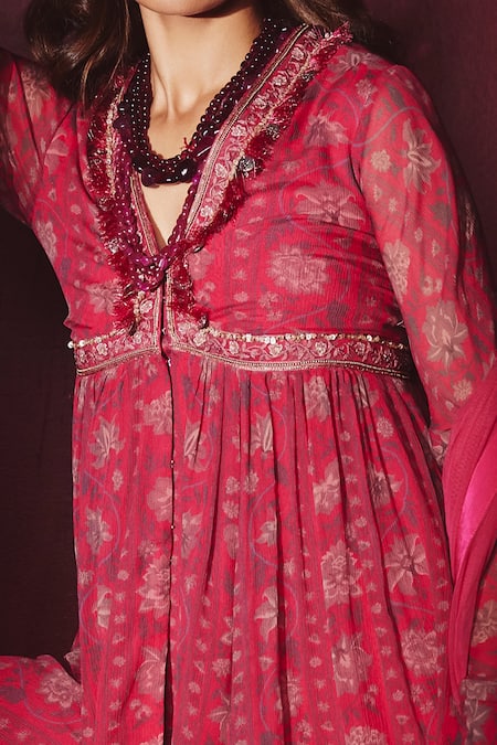 Ridhi Mehra_Fuchsia Chiffon And Net Floral Print, Thread & Jorunn Peplum Tunic Sharara Set _Online_at_Aza_Fashions