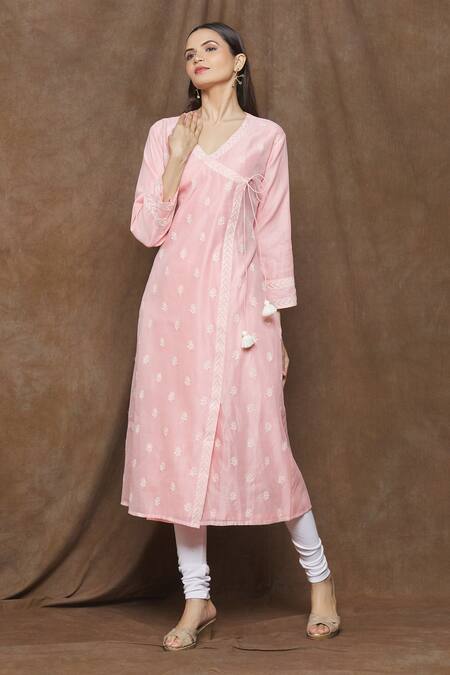 Buy_Turaja_Pink Chanderi (70% Cotton Embroidery Floral V Neck Kurta_Online_at_Aza_Fashions