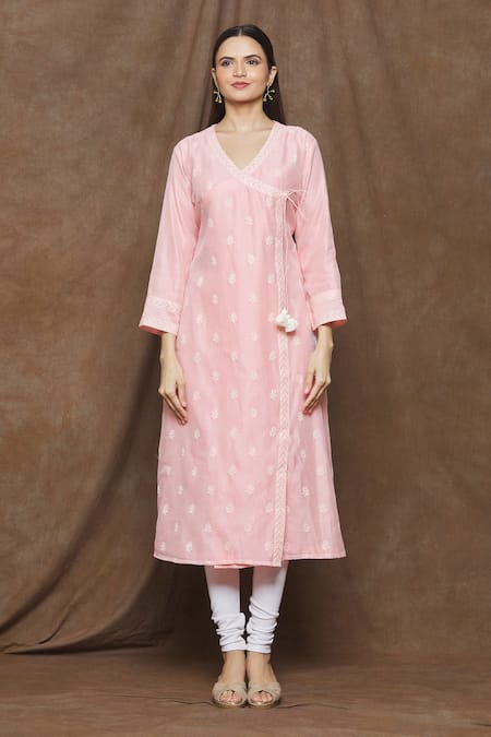 Shop_Turaja_Pink Chanderi (70% Cotton Embroidery Floral V Neck Kurta_Online_at_Aza_Fashions