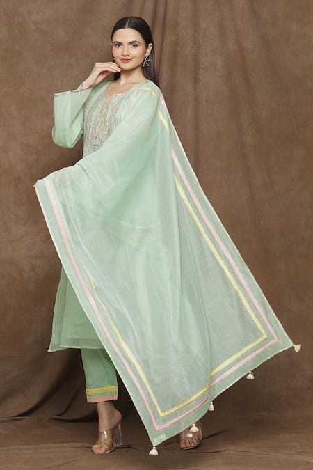Buy_Turaja_Green Chanderi (70% Cotton Embroidery Gota Highlight Geometric Kurta Set_Online_at_Aza_Fashions