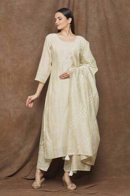 Buy_Turaja_Beige Chanderi (70% Cotton Embroidery Mirror Work Round Kurta Set_Online_at_Aza_Fashions