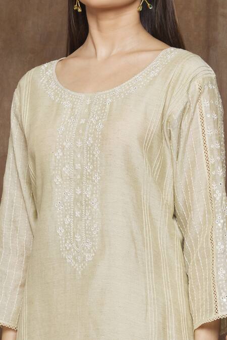 Shop_Turaja_Beige Chanderi (70% Cotton Embroidery Mirror Work Round Kurta Set_Online_at_Aza_Fashions