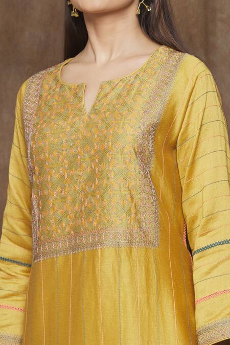 Shop_Turaja_Yellow 40% Silk), Dupatta Kota Doriya, Pure Chanderi (60% Embroidered Kurta Set_Online_at_Aza_Fashions