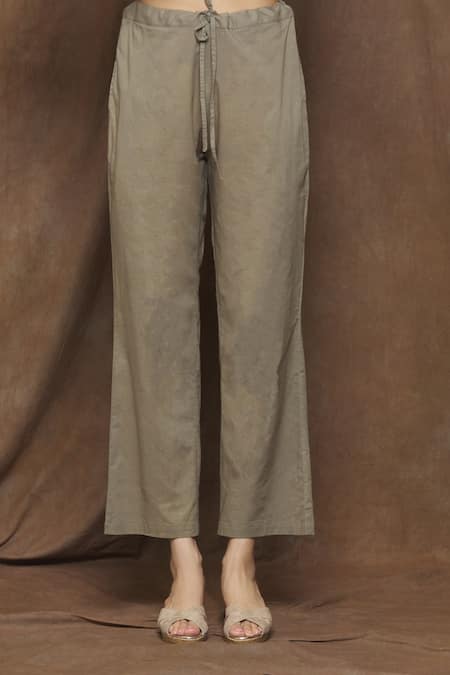 Turaja_Grey Pure Chanderi (60% Cotton Embroidery Floral Notched Kurta Set_at_Aza_Fashions