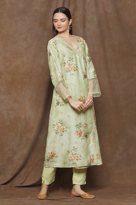 Buy_Turaja_Green Pure Chanderi (60% Cotton And Embroidery Floral V Neck Kurta_Online_at_Aza_Fashions