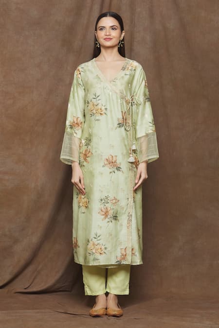 Shop_Turaja_Green Pure Chanderi (60% Cotton And Embroidery Floral V Neck Kurta_Online_at_Aza_Fashions