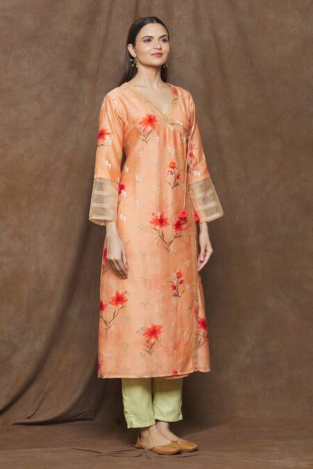 Turaja_Peach Pure Chanderi (60% Cotton And Embroidery Floral V Neck Kurta_Online_at_Aza_Fashions