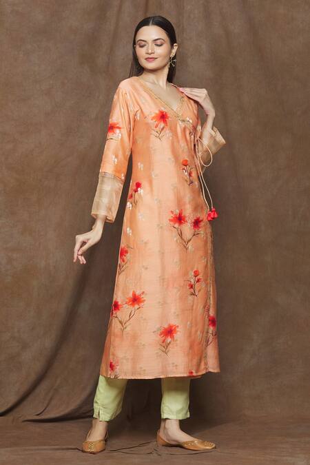 Buy_Turaja_Peach Pure Chanderi (60% Cotton And Embroidery Floral V Neck Kurta_Online_at_Aza_Fashions