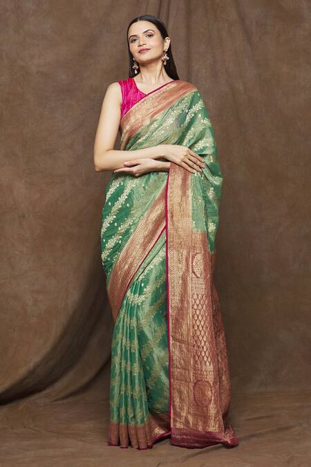 Turaja_Green 100% Pure Georgette Tissue Woven Floral Saree_Online_at_Aza_Fashions