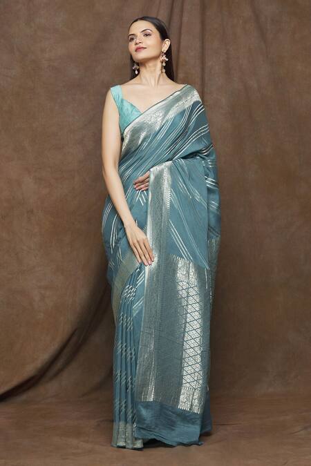 Turaja Blue 100% Pure Crepe Woven Zari Work Saree Online at Aza Fashions Turaja_Blue 100% Pure Crepe Woven Zari Work Saree_Online_at_Aza_Fashions
