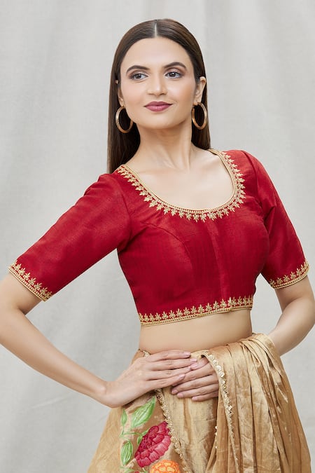 Samyukta Singhania Red Mulberry Silk Embroidered Floral Round Neck Blouse 