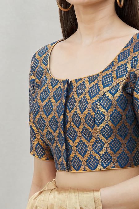 Buy Blue Brocade Geometric Round Neck Floral Pattern Blouse For Women by  Nazaakat by Samara Singh Online at Aza Fashions.