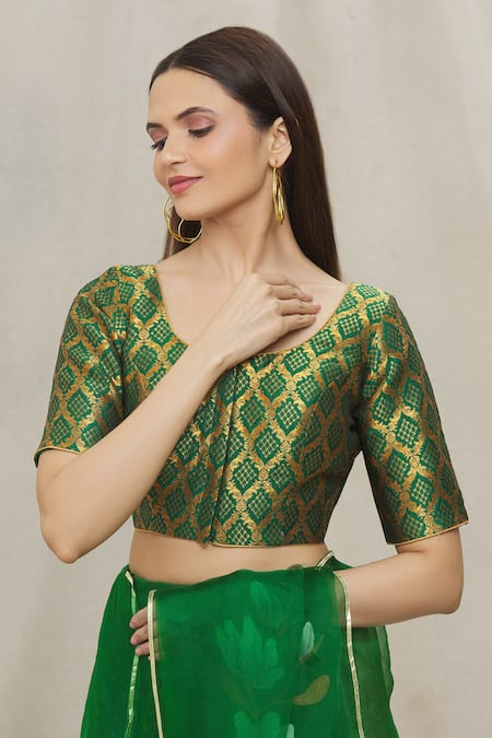Nazaakat by Samara Singh - Green Brocade Geometric Round Neck Floral  Pattern Blouse For Women