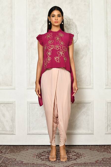 Khwaab By Sanjana Lakhani_Pink Crepe Embroidered Sequins High Neck Top And Tulip Pant Set_Online_at_Aza_Fashions