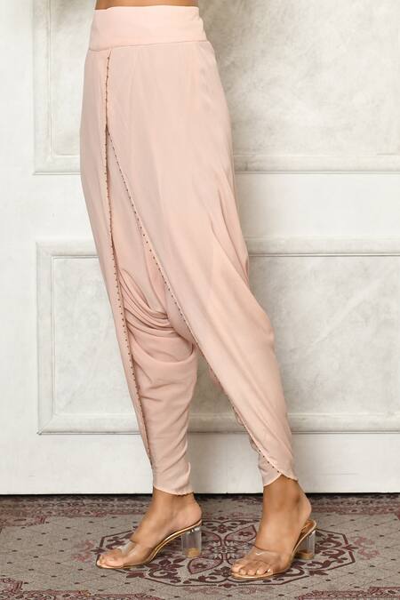 Khwaab By Sanjana Lakhani_Pink Crepe Embroidered Sequins High Neck Top And Tulip Pant Set_at_Aza_Fashions