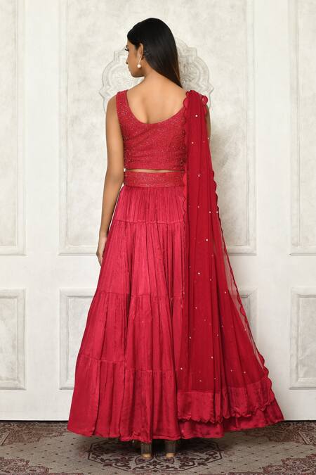 Shop_Khwaab by Sanjana Lakhani_Pink Bouse Silk Embroidered Cutdana Round Neck Tiered Lehenga Set_at_Aza_Fashions