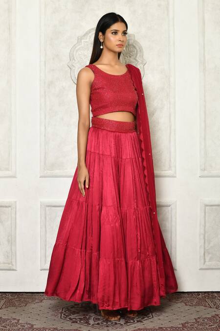 Khwaab by Sanjana Lakhani_Pink Bouse Silk Embroidered Cutdana Round Neck Tiered Lehenga Set_Online_at_Aza_Fashions