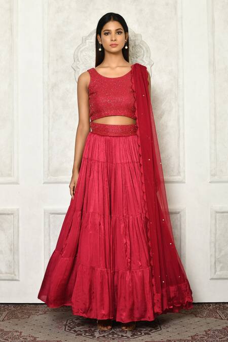 Buy_Khwaab by Sanjana Lakhani_Pink Bouse Silk Embroidered Cutdana Round Neck Tiered Lehenga Set_Online_at_Aza_Fashions