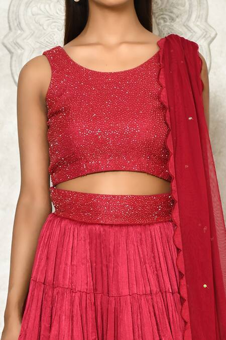 Shop_Khwaab by Sanjana Lakhani_Pink Bouse Silk Embroidered Cutdana Round Neck Tiered Lehenga Set_Online_at_Aza_Fashions