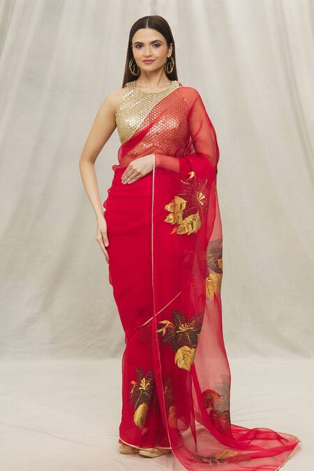 Anaya By Akruthi_Red Organza Printed Leaf Saree_Online_at_Aza_Fashions