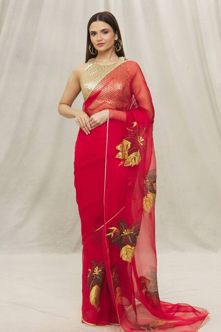 Buy_Anaya By Akruthi_Red Organza Printed Leaf Saree_Online_at_Aza_Fashions