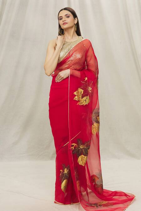 Shop_Anaya By Akruthi_Red Organza Printed Leaf Saree_Online_at_Aza_Fashions