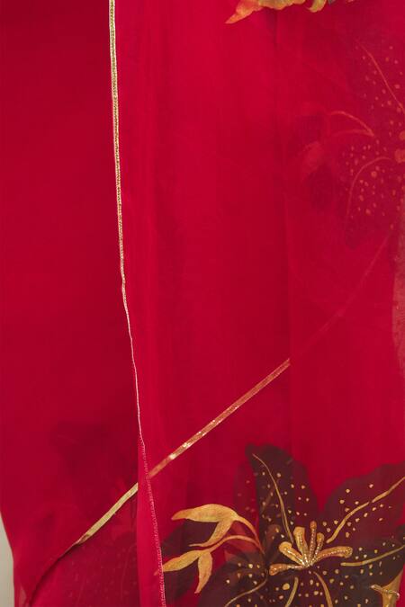 Anaya By Akruthi_Red Organza Printed Leaf Saree_at_Aza_Fashions