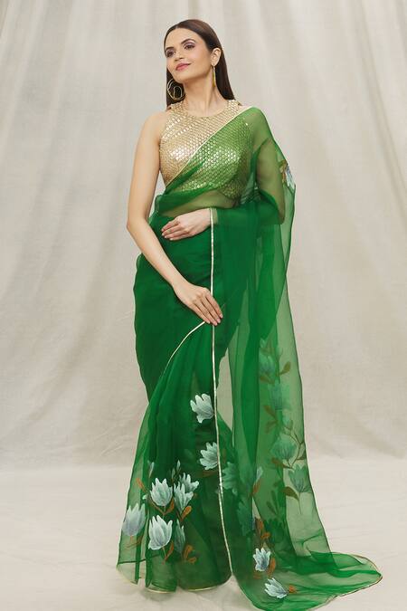 Embroidered Organza Saree in Green : SYC11792