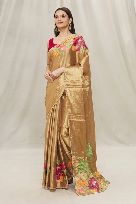 Anaya By Akruthi_Gold Velvet, Silk Tissue Floral, Leaf Round Embroidered Saree With Blouse_Online_at_Aza_Fashions